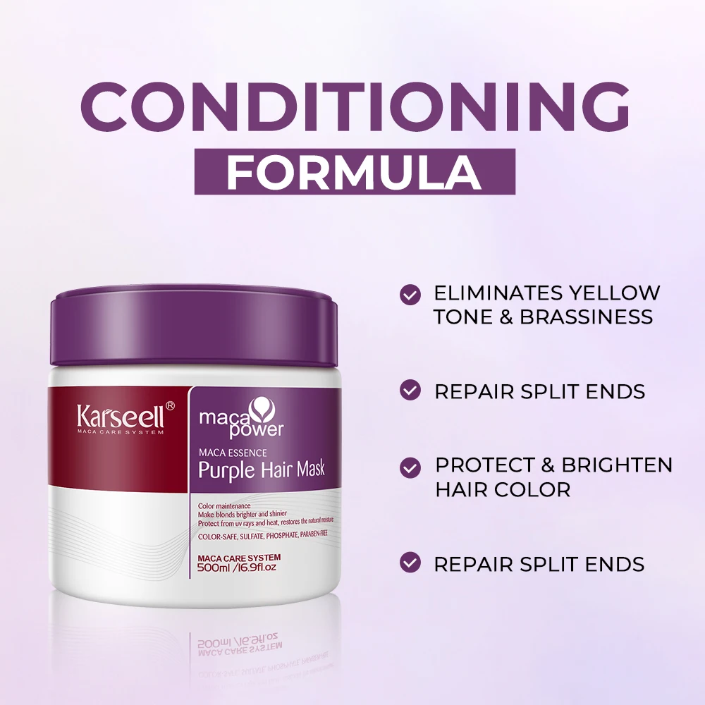 Karseell 500ml 보라색 헤어 마스크 전문은 금발 실버 그레이 강조 헤어를위한 황동 노란색 톤을 중화시킵니다