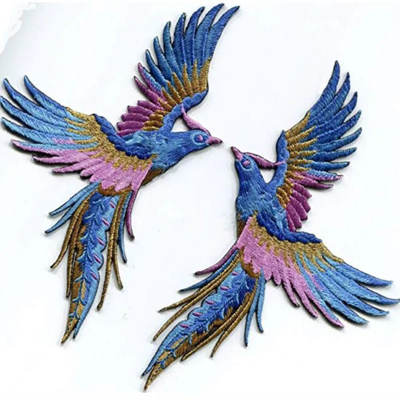 Phenix Birds Azure 블루 핑크 골드 수 놓은 아플리케 Iron-On Patches Pair title=Phenix Birds Azure 블루 핑크 골드 수 놓은 아플리케 Iron-On Patches Pair 