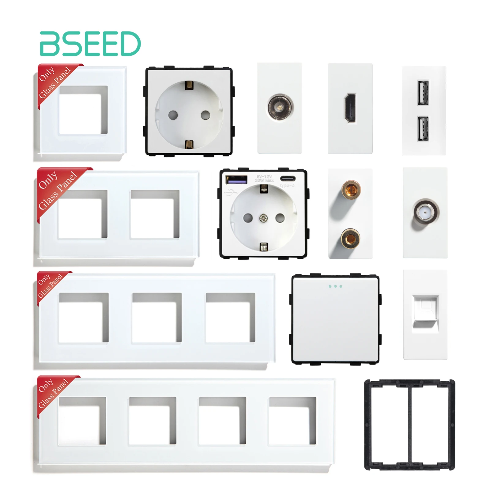 BSEED 유리 프레임 TV/ST/USB 소켓 유형-C EU 소켓 CAT5 RJ45 HDMI 소켓 기능 부품 1/2Way 기계식 버튼 스위치 부품 title=BSEED 유리 프레임 TV/ST/USB 소켓 유형-C EU 소켓 CAT5 RJ45 HDMI 소켓 기능 부품 1/2Way 기계식 버튼 스위치 부품 