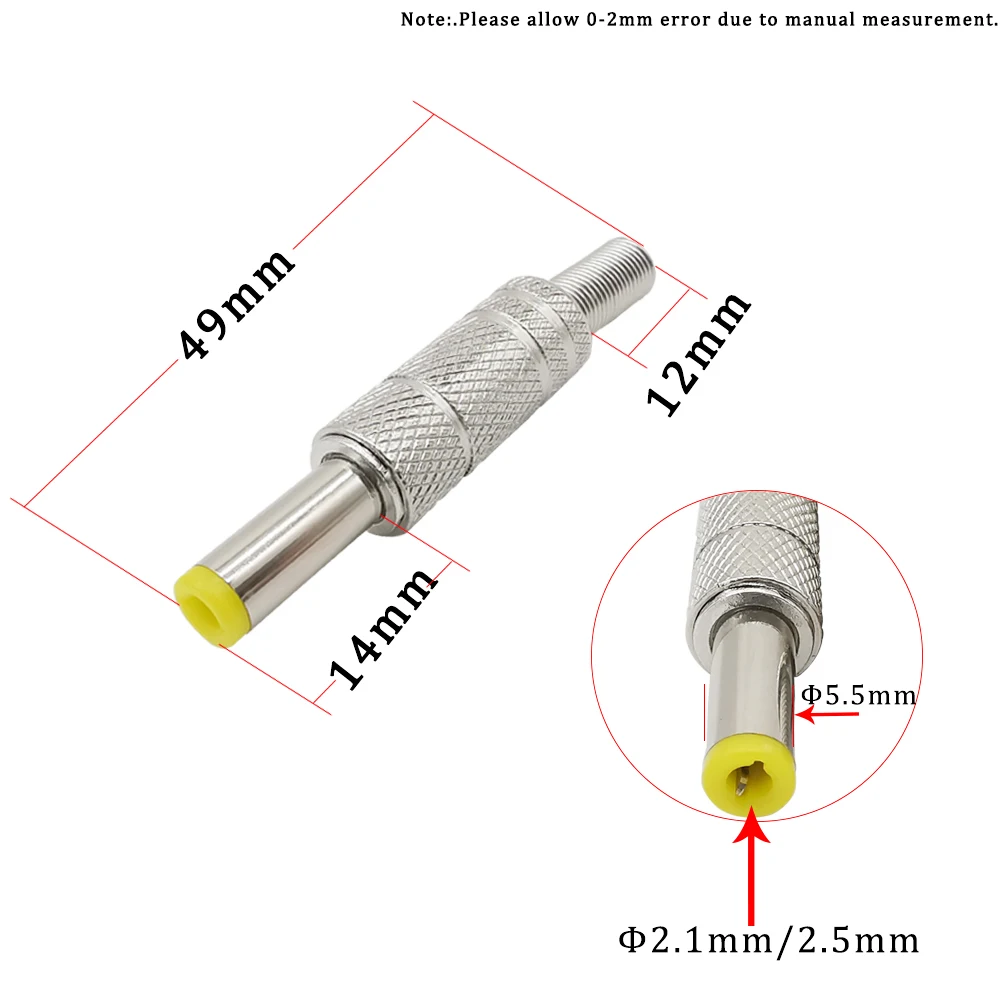 2/5/10Pcs 실버 메탈 5.5x2.1mm/5.5mm x 2.5mm DC 전원 남성 플러그 잭 커넥터 (스프링 옐로우 헤드 포함) 5.5*2.1/5.5*2.5mm DC099