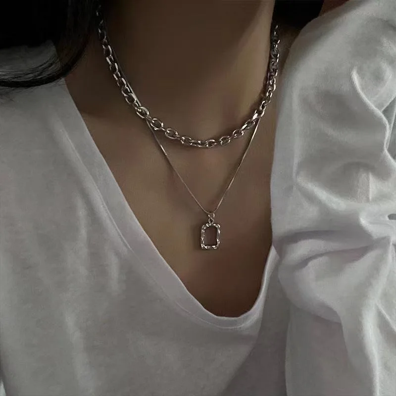 2021 유니섹스 패션 멀티 레이어 힙합 롱 체인 목걸이, 여성용 쥬얼리 선물, 사각형 펜던트 목걸이 액세서리