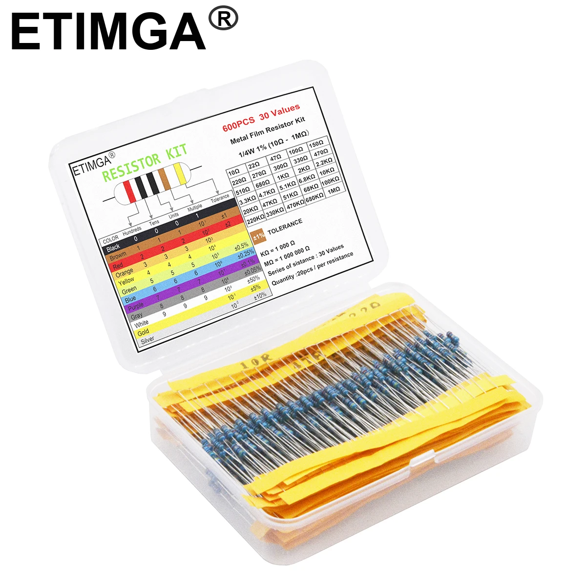 600/300PCS 1/4w 금속 필름 저항기 30 값 저항 키트 10R-1M 150R 680K 0.25W 1% 저항기 세트