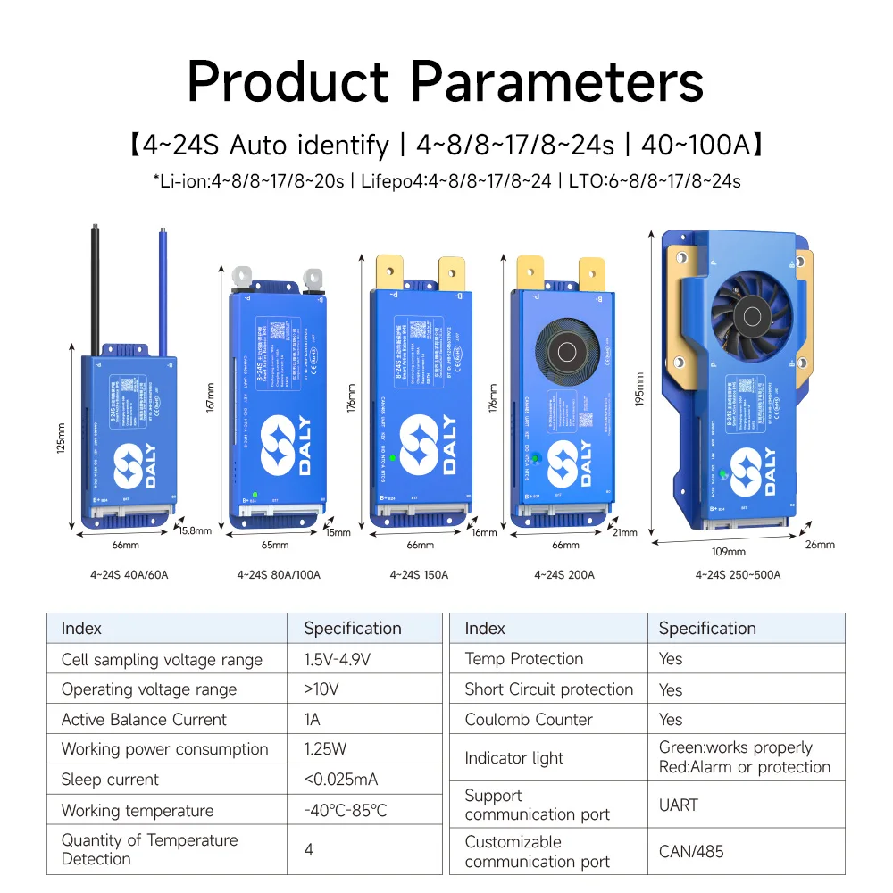BT WiFi 4S 12V 8S 24V 16S 48V 40A 100A 150A 200A Sola/EV 용 액티브 밸런스 과충전/방전 보호 기능이있는 Daly Smart BMS