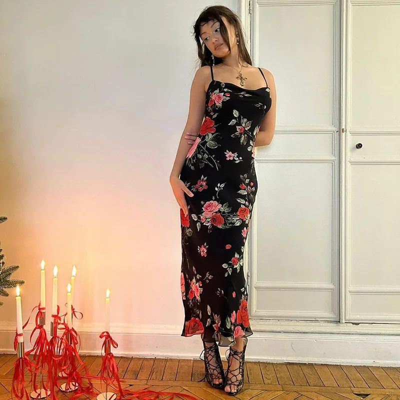 꽃 프린트 스파게티 스트랩 드레스 여성 기질 패키지 엉덩이 Bodycon 롱 드레스 패션 섹시한 백리스 레이디 슬림 베스 티드