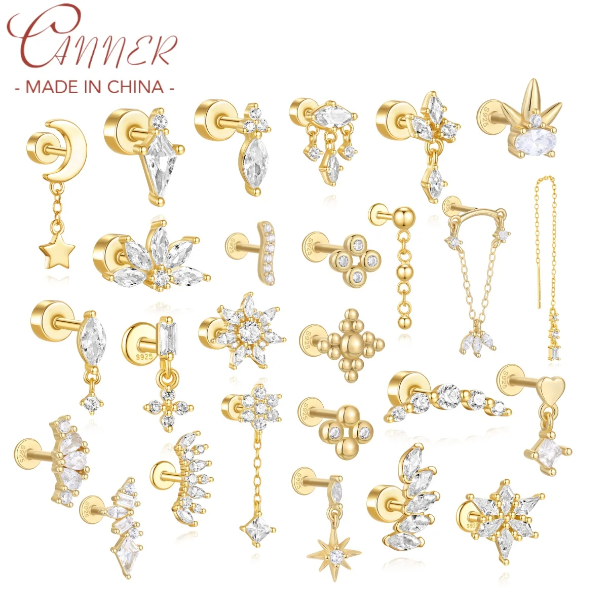 CANNER 1Pc 925 실버 부드러운 별 문 스터드 귀걸이 여성을위한 18K 골드 플랫 헤드 스레드 펑크 귀 뼈 Ins 파인 쥬얼리 title=CANNER 1Pc 925 실버 부드러운 별 문 스터드 귀걸이 여성을위한 18K 골드 플랫 헤드 스레드 펑크 귀 뼈 Ins 파인 쥬얼리 