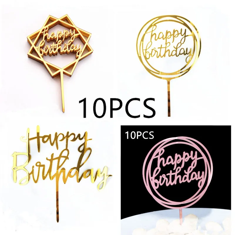 10 Pcs 로즈 골드 생일 축하 케이크 토퍼 실버 블랙 심플한 디자인 아크릴 케이크 토퍼 베이비 샤워 파티 디저트 장식
