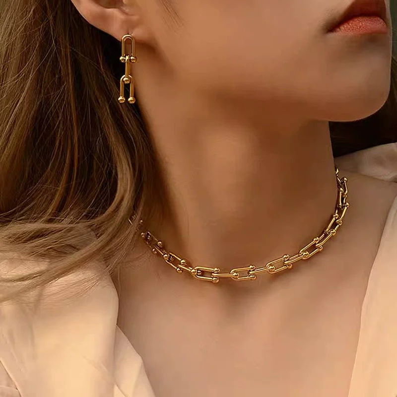316L 스테인레스 스틸 패션 스티치 U 자형 스티치 두꺼운 체인 목걸이 팔찌 귀걸이 세트 웨딩 쥬얼리 세트