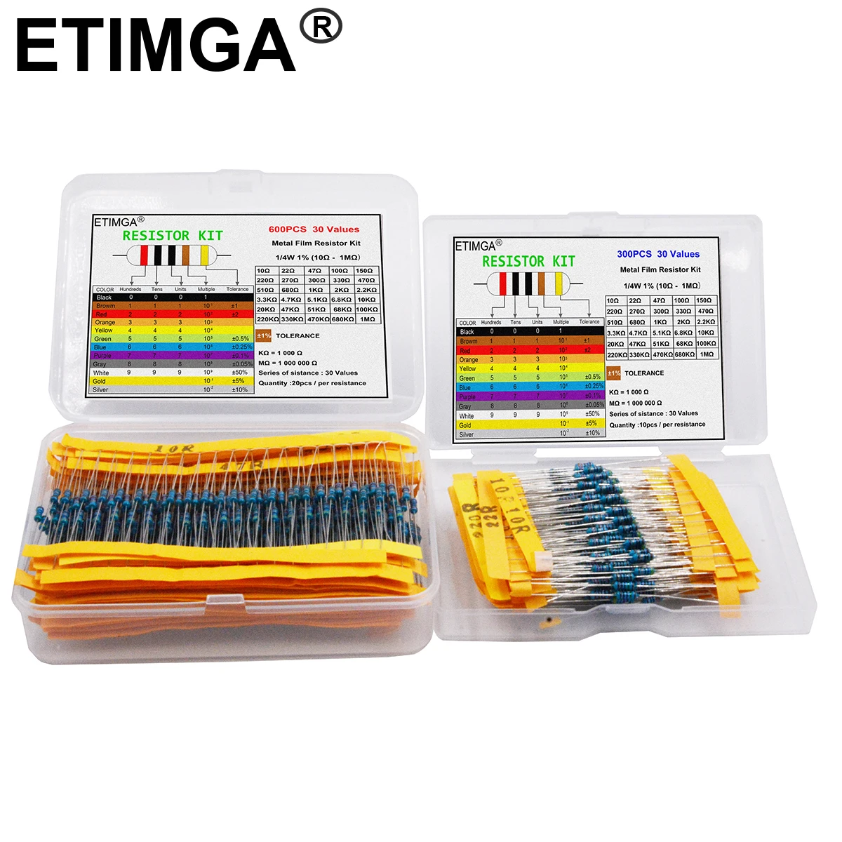 600/300PCS 1/4w 금속 필름 저항기 30 값 저항 키트 10R-1M 150R 680K 0.25W 1% 저항기 세트 title=600/300PCS 1/4w 금속 필름 저항기 30 값 저항 키트 10R-1M 150R 680K 0.25W 1% 저항기 세트 