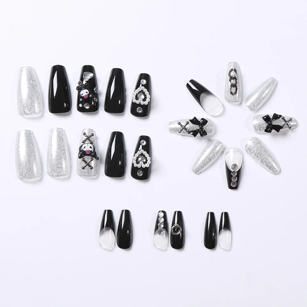 24Pcs 손톱에 3D kuromi 프레스 Y2K 만화 수제 가짜 손톱 블랙 젤 네일 웨어러블 손톱 Cinnamoroll Melody Anime False Nail