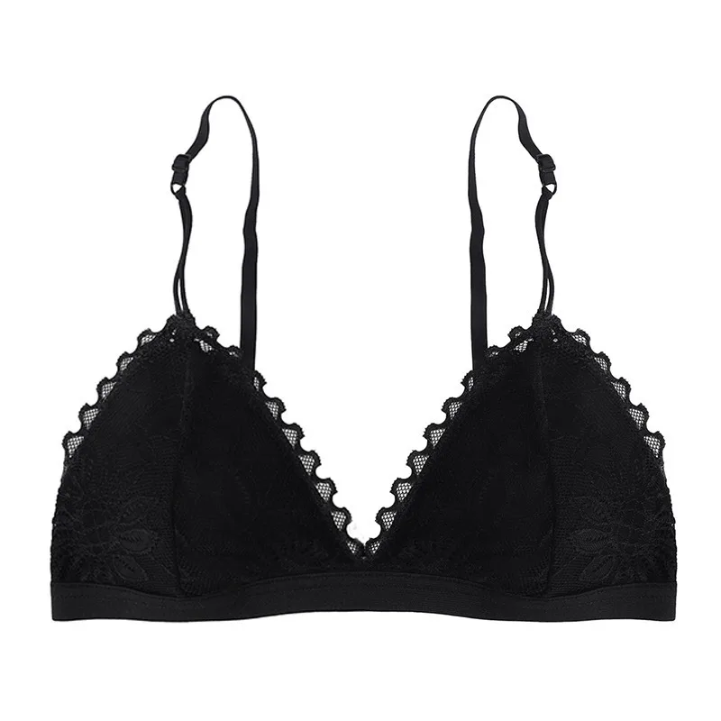 프랑스어 레이스 삼각형 레이스 Bralette 강철 반지 없음 원활한 브래지어 섹시한 여성 얇은 패드 브래지어 여름 통기성 브래지어