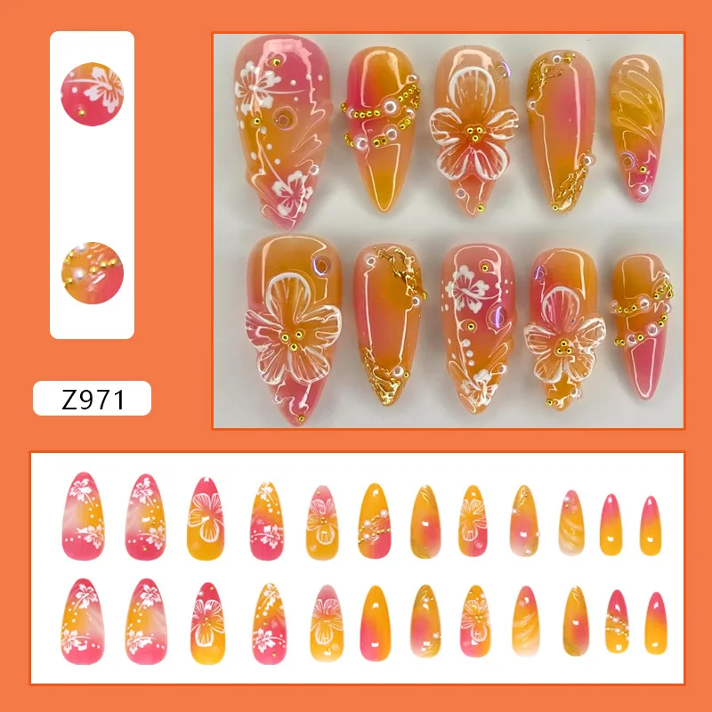 24pcs 흰 꽃 가짜 손톱 팁 Ins 옐로우 핑크 블러쉬 틀린 손톱 웨어러블 풀 커버 손톱에 유럽 아몬드 모양의 프레스