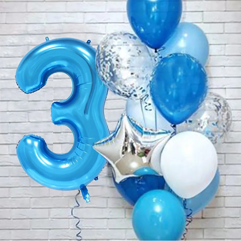12pcs 블루 32 인치 번호 호일 라텍스 풍선 생일 축하 파티 장식 어린이 소년 아기 1 2 3 4 5 6 7 8 9 세 용품