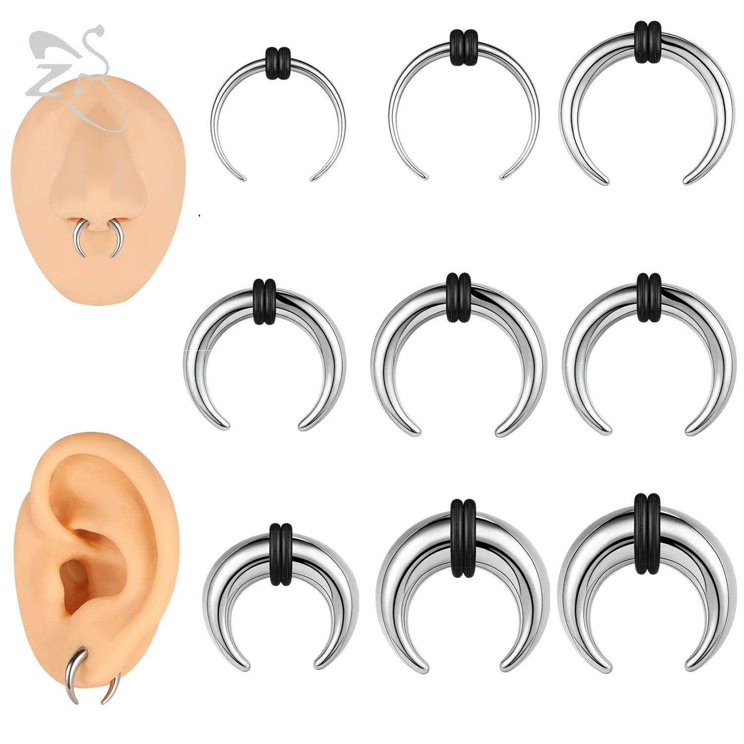ZS 1PC 2G/4G/6G C 모양 버팔로 경적 코 피어싱 스테인레스 스틸 핀처 Septum 링 펑크 록 들것 확장기 8/10/11/12mm title=ZS 1PC 2G/4G/6G C 모양 버팔로 경적 코 피어싱 스테인레스 스틸 핀처 Septum 링 펑크 록 들것 확장기 8/10/11/12mm 