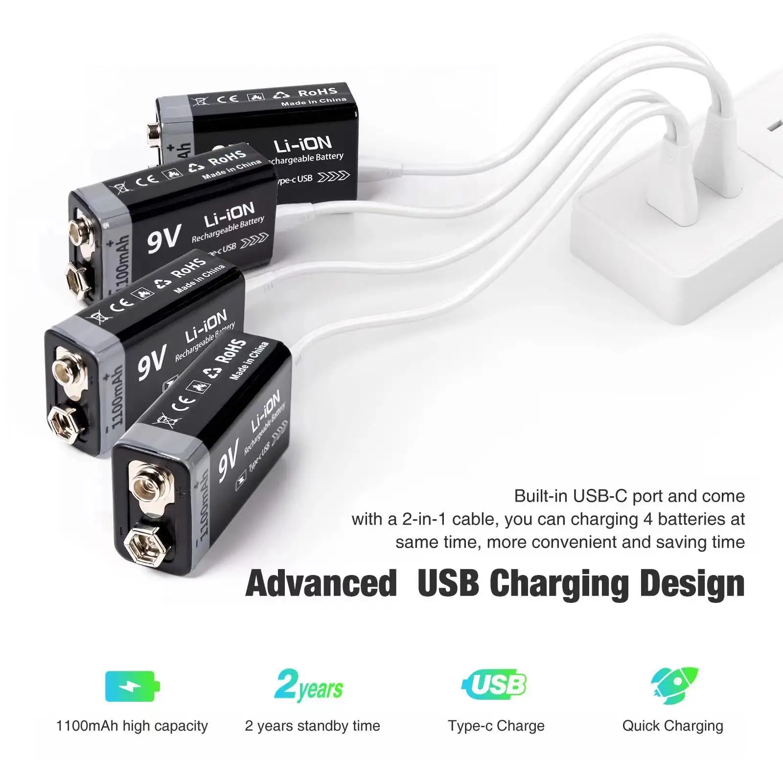 MATOV USB 9V 충전식 배터리 1100mAh Type-C 충전식 6F22 9V 리튬 이온 배터리 RC 헬리콥터 모델 멀티 미터 장난감