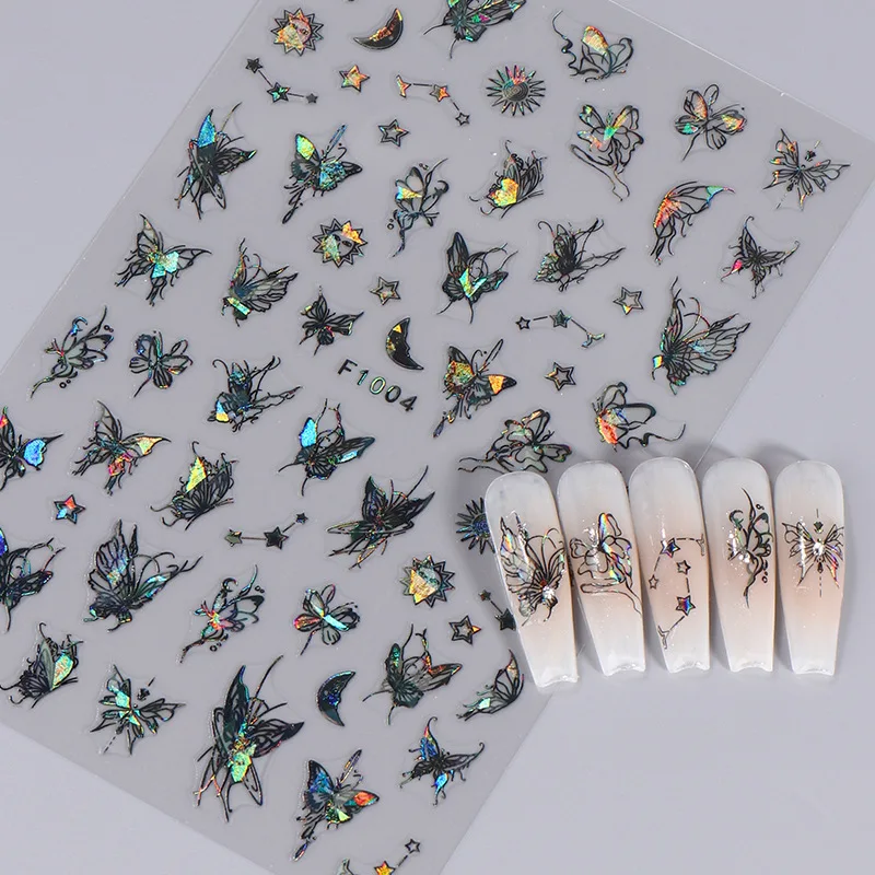 1PCS 블랙 화이트 나비 레이저 네일 스티커 Y2K 네일 아트 장식 추상 라인 손톱에 대 한 브론 징 꽃 스티커
