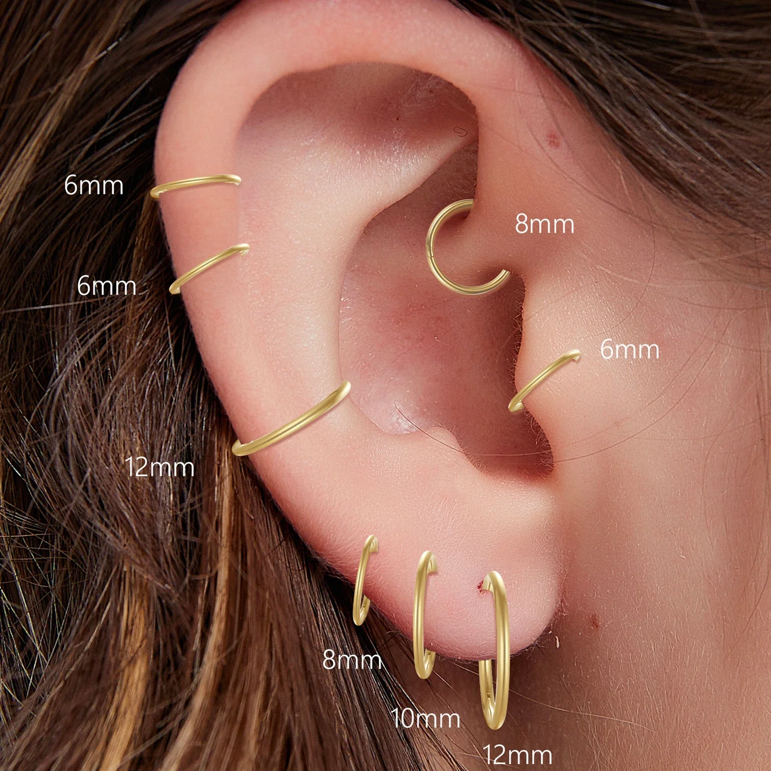 1/4Pairs 남성용 6/8/10/12mm 316L 스테인레스 스틸 코 링 여성용 골드 컬러 후프 귀걸이 Septum Tragus 피어싱 쥬얼리