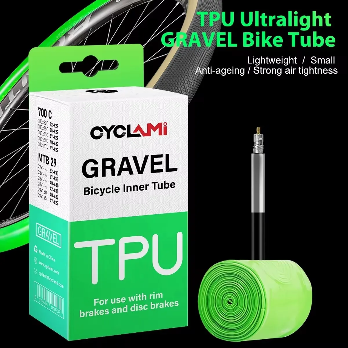 CYCLAMI 초경량 도로 MTB 29 자전거 TPU 내부 튜브 타이어 프랑스어 밸브 FV 45mm 자갈 700C 32C 35C 37C 40C 47C 슈퍼 라이트