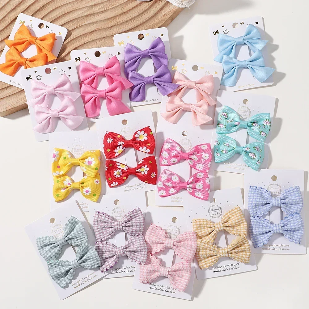 2 개/대 솔리드 컬러 키즈 활 아기 소녀를위한 헤어 클립 수제 격자 무늬 Bowknot 머리핀 바레트 사진 헤어 액세서리