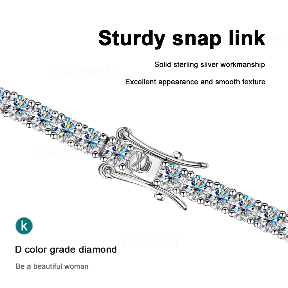 KNOBSPIN 4mm D 컬러 모이사나이트 테니스 팔찌 925 스털링 실버 도금 여성용 18k 화이트 골드 팔찌 남자 스파클링 파티 쥬얼리 도매, 3년 애프터 서비스 보증 제공