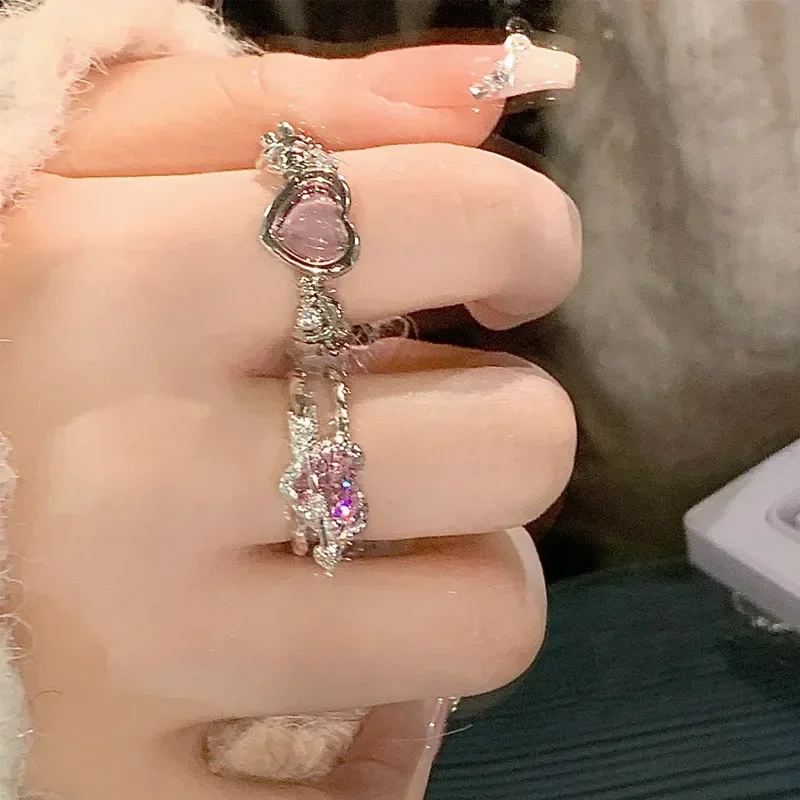 조정 가능한 크리스탈 반지 Y2K 핑크 불규칙한 기하학 빈티지 Bowknot 하트 반지 여성을위한 설정 소녀 2023 새로운 패션 쥬얼리 선물