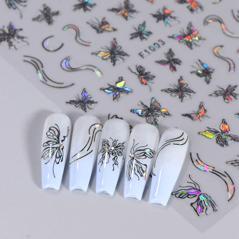 1PCS 블랙 화이트 나비 레이저 네일 스티커 Y2K 네일 아트 장식 추상 라인 손톱에 대 한 브론 징 꽃 스티커