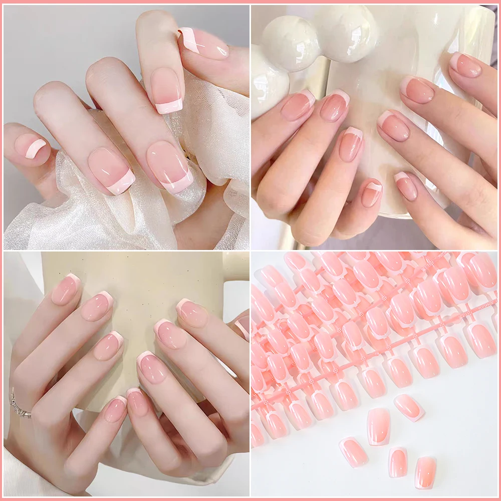 120Pcs = 24*5 프랑스어 짧은 사각형 관 틀린 손톱 화이트 핑크 간단한 웨어러블 가짜 손톱 네일 팁 아트에 광택 전체 커버 프레스
