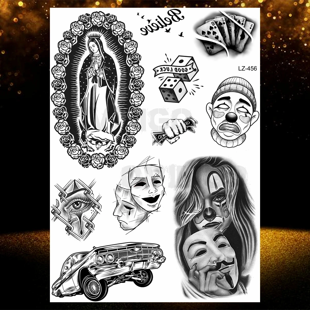Chicano Bandit 멕시코 남성 여성을위한 임시 문신 가짜 자동차 수녀 문신 종교 스티커 현실적인 뒤로 방수 Tatoos