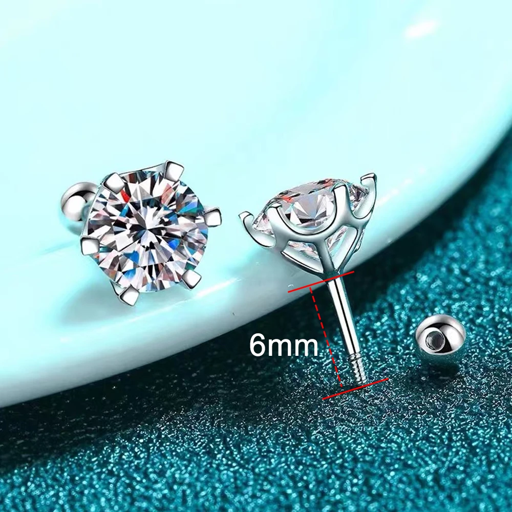 KNOBSPIN 여성용 모이사나이트 스터드 귀걸이, 18K 화이트 골드 도금 스털링 실버 D VVS1 라운드 컷 랩 다이아몬드 나사 이어 스터드
