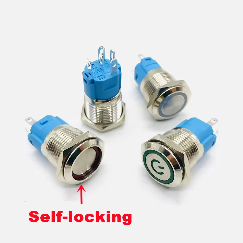12 16 19 22mm 방수 금속 푸시 버튼 스위치 LED 조명 순간 래치 자동차 엔진 전원 스위치 5V 12V 24V 220V 빨간색 파란색