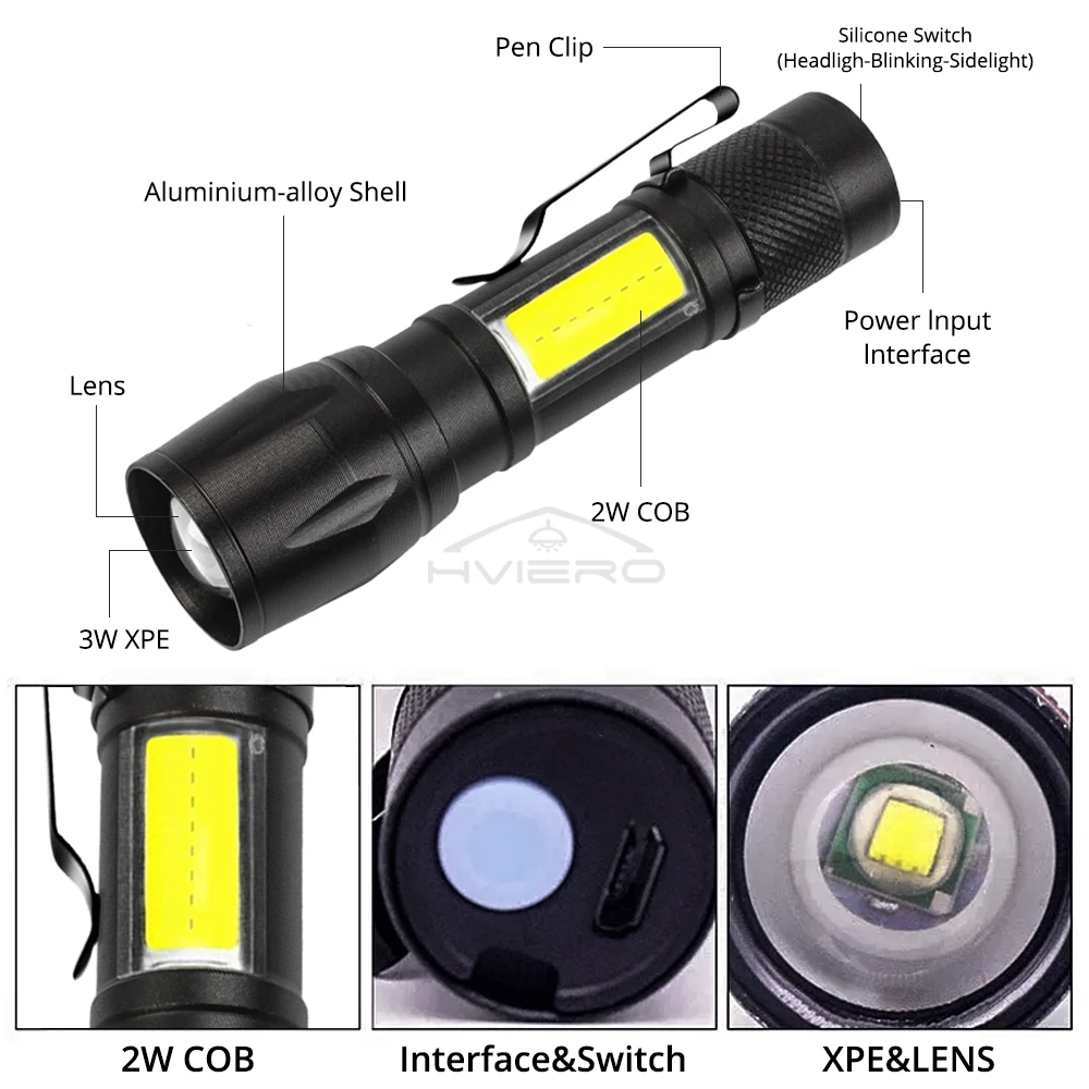 손전등 배터리 충전 미니 Led 5W 초점 조정 가능한 측면 램프 편리한 방수 T6 빛 캠핑 하이킹에 대 한 매우 밝은