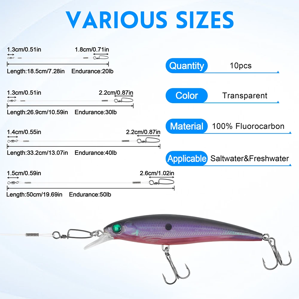 10Pcs Fluorocaron 낚시 리더 20LB-50LB 회전 및 스냅이있는 Fluorocarbon 와이어 리더 라인 태클 미끼 장비 또는 후크 연결
