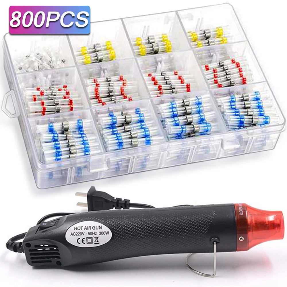800/400/50PCS 열 수축 버트 방수 솔더 씰 와이어 케이블 스플 라이스 터미널 키트 압착 단자 뜨거운 공기 총으로 전기 title=800/400/50PCS 열 수축 버트 방수 솔더 씰 와이어 케이블 스플 라이스 터미널 키트 압착 단자 뜨거운 공기 총으로 전기 