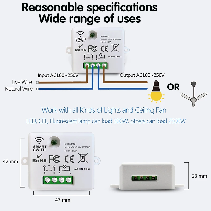 무선 스마트 스위치 조명 RF 86 벽 패널 스위치, 원격 제어, 미니 릴레이 수신기, 220V 가정용 LED 조명 램프 팬