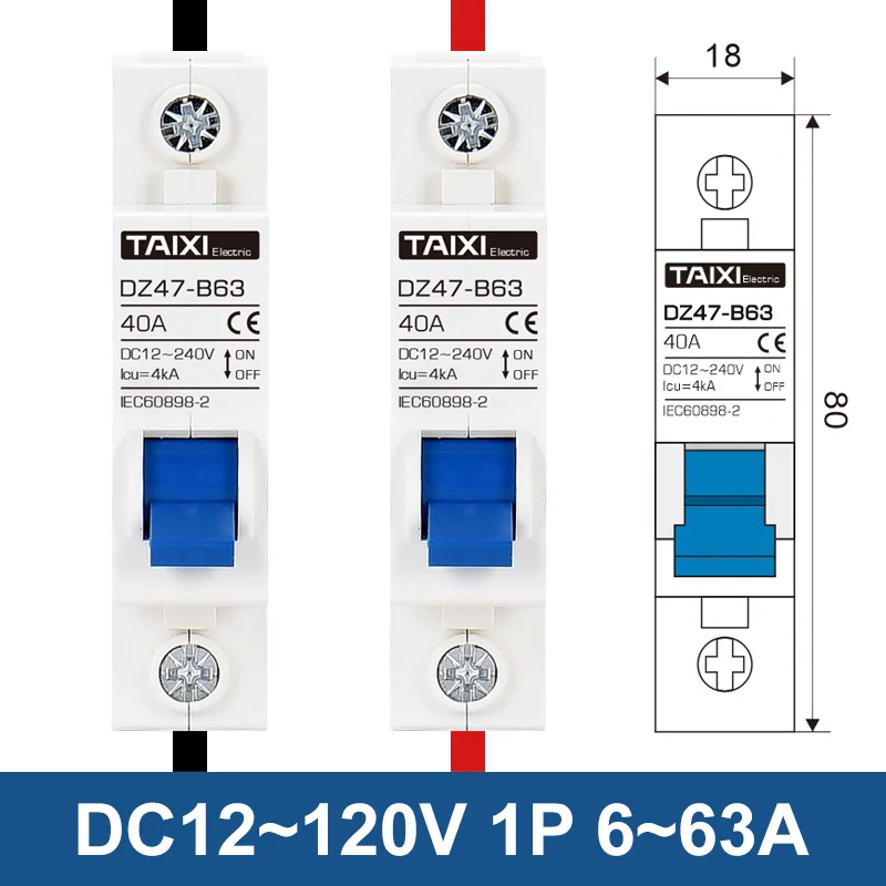 DC 12V 24V 48V 36V 72V MCB 배터리 자동차 보호기 미니 회로 차단기 DZ47 양극 및 음극 보호 스위치 절연체