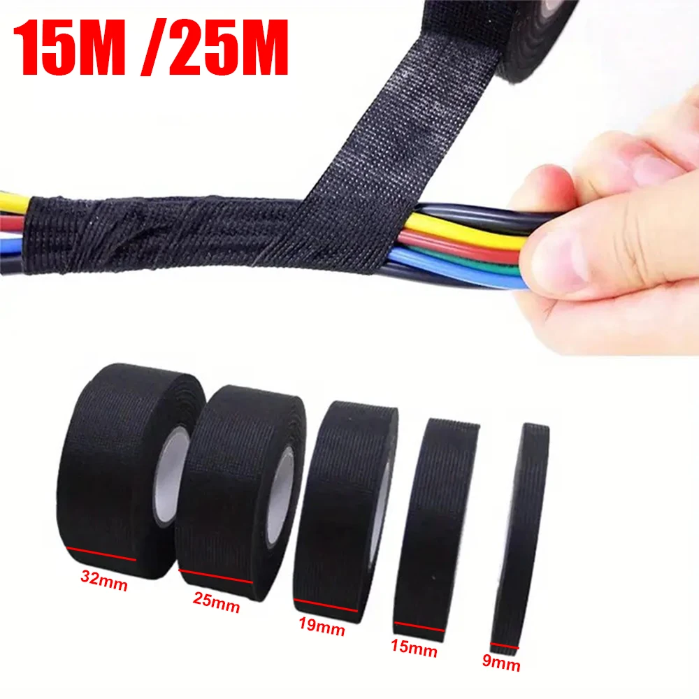 1-4pcs 15/25M 고온 와이어 하네스 포장 테이프 자기 접착 자동차 배선 하네스 자동차 소음 댐핑을위한 패브릭 테이프 title=1-4pcs 15/25M 고온 와이어 하네스 포장 테이프 자기 접착 자동차 배선 하네스 자동차 소음 댐핑을위한 패브릭 테이프 
