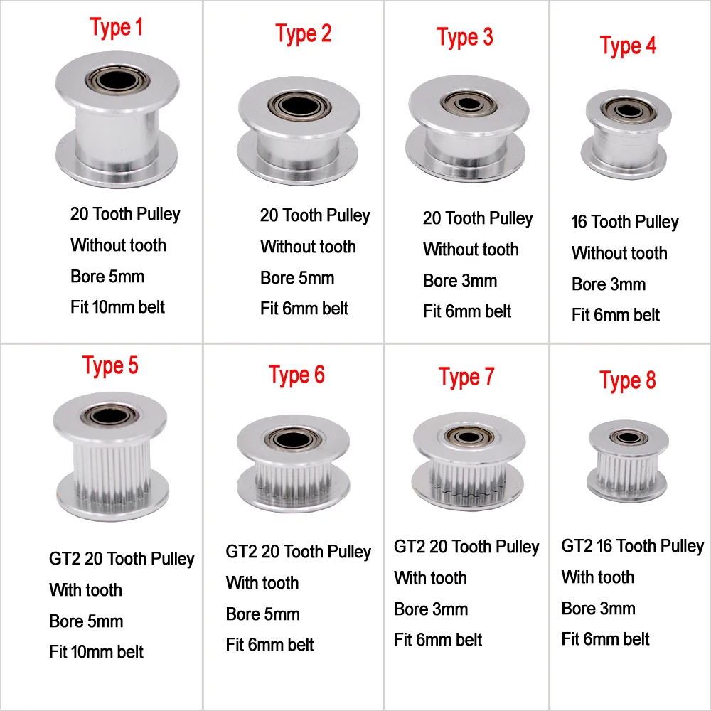 3D 프린터 부품용 베어링 포함 GT2 아이들러 타이밍 풀리, 16 톱니 20 톱니, 3mm 또는 5mm 보어, 타이밍 벨트 6mm 10mm