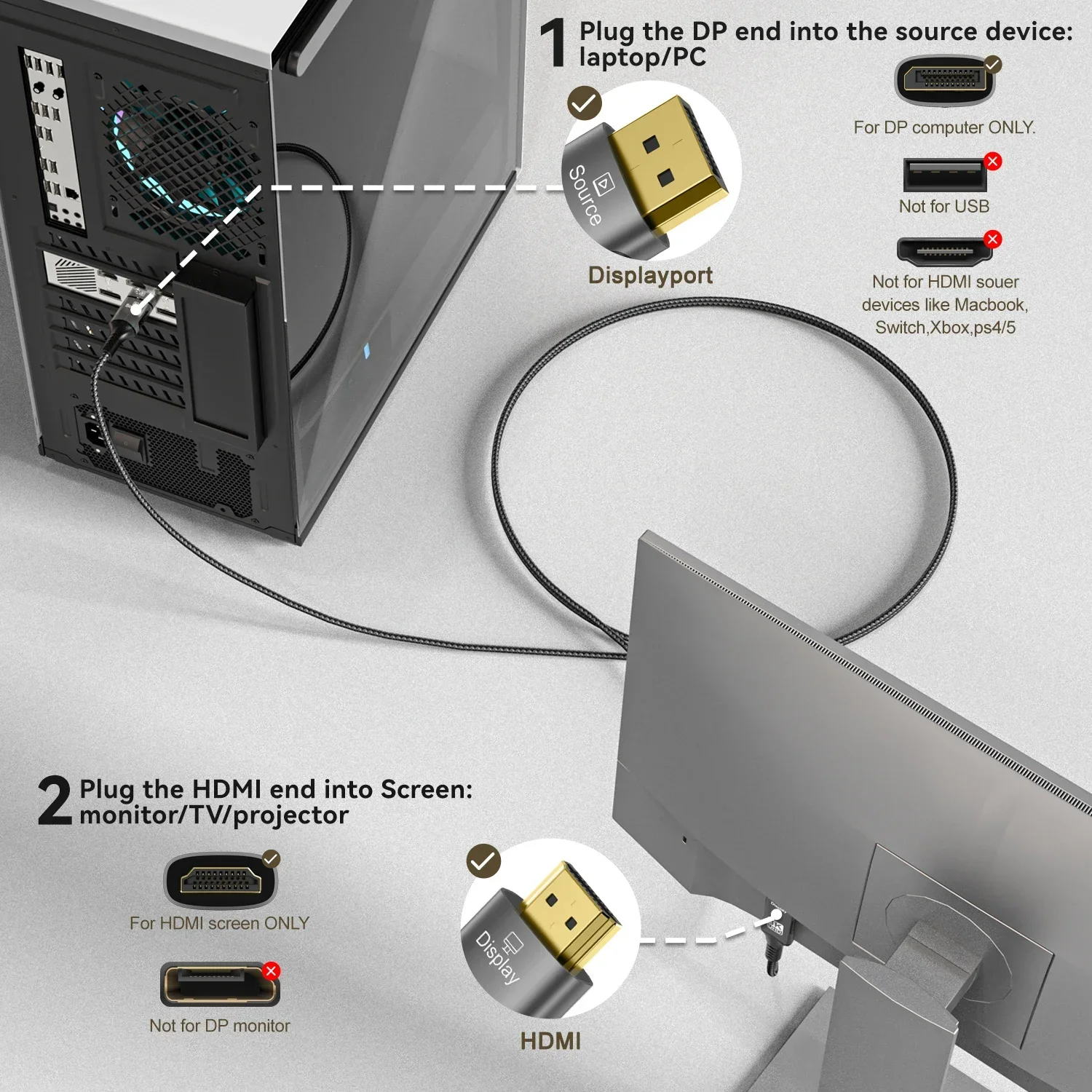 8K DisplayPort-HDMI 호환 케이블 8K@60Hz 4k@120hz DP-HDMI 어댑터 디스플레이 포트 PC HDTV 프로젝터 Xbox용 비디오 오디오