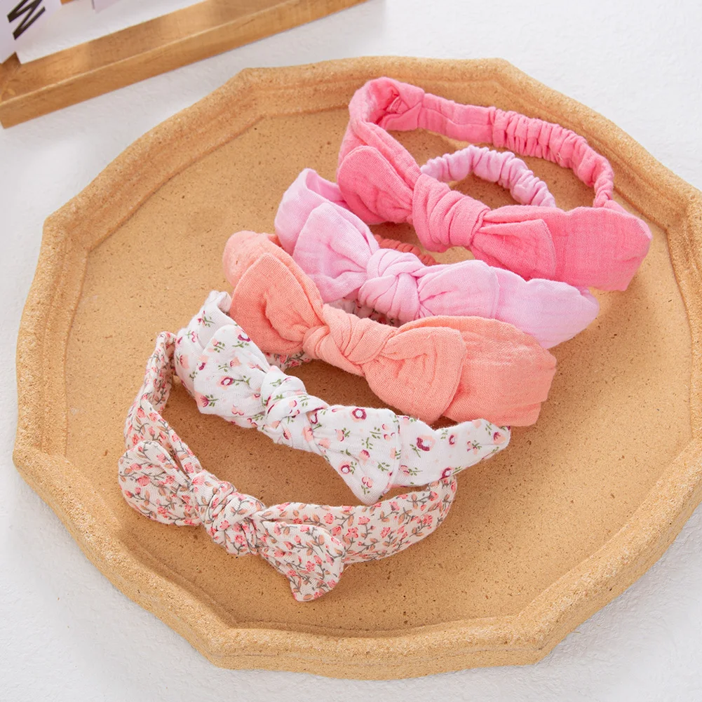 5 개/대 솔리드 모슬린 코튼 린넨 아기 머리띠 탄성 토끼 귀 헤어 밴드 유아 소녀 터번 Headwraps 스트레치 액세서리
