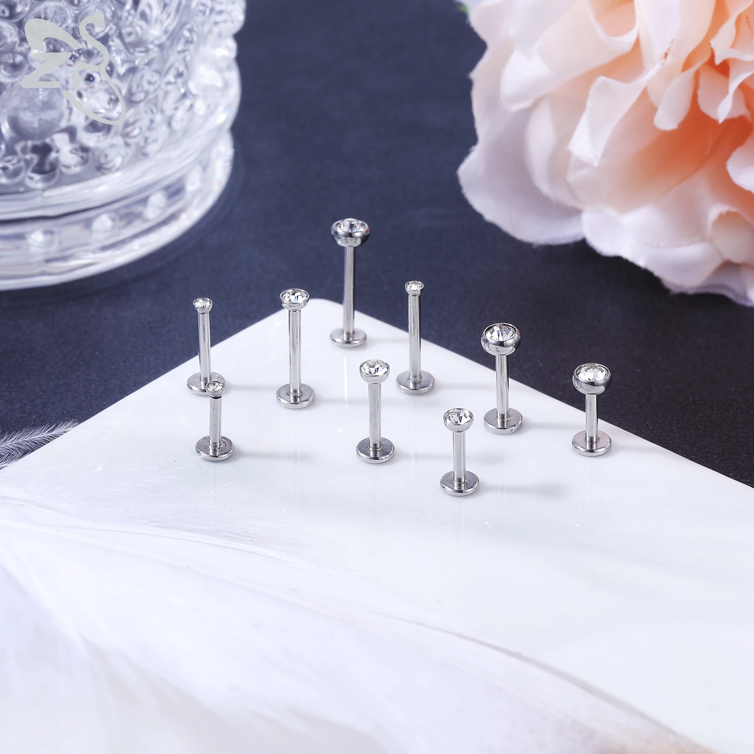ZS 10 개/몫 골드 컬러 16/18G 스테인레스 스틸 Labret 립 피어싱 남자 CZ 크리스탈 귀 연골 Tragus 헬릭스 피어싱 6/8/10MM
