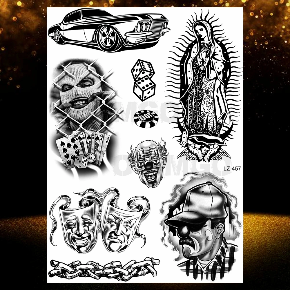Chicano Bandit 멕시코 남성 여성을위한 임시 문신 가짜 자동차 수녀 문신 종교 스티커 현실적인 뒤로 방수 Tatoos