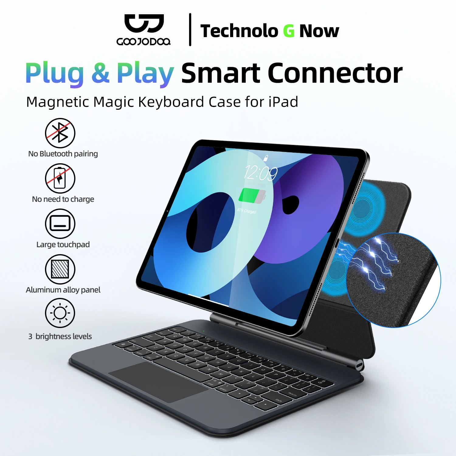 GOOJODOQ 스마트 플러그 앤 플레이 매직 키보드 케이스, iPad Pro 11 2024 M4 iPad Air 4/5/6 멀티 터치 터치 패드, 스마트 역방향 충전 title=GOOJODOQ 스마트 플러그 앤 플레이 매직 키보드 케이스, iPad Pro 11 2024 M4 iPad Air 4/5/6 멀티 터치 터치 패드, 스마트 역방향 충전 