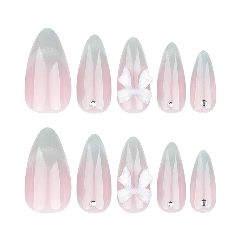 24pcs 달콤한 고양이 눈 손톱에 프렌치 프레스 다이아몬드 지적 3 차원 활 매듭 여성과 소녀를위한 착용 가능한 손톱 아몬드 네일