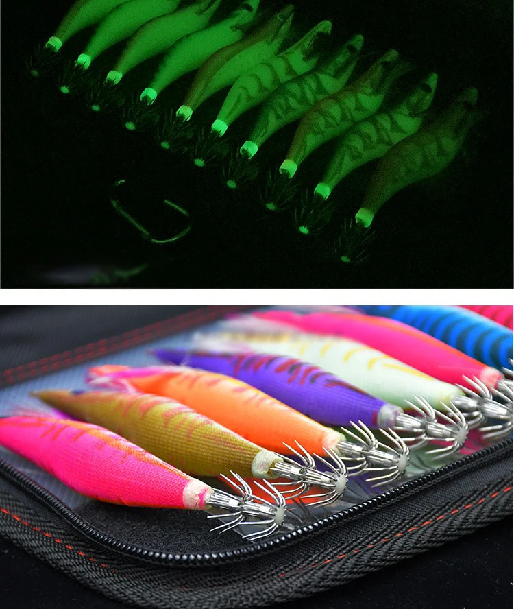발광 오징어 루어 에기 지그 후크 미끼, 나무 새우, 문어 오징어 루어 싱커 새우, 링 비드 낚시 루어, 10 개