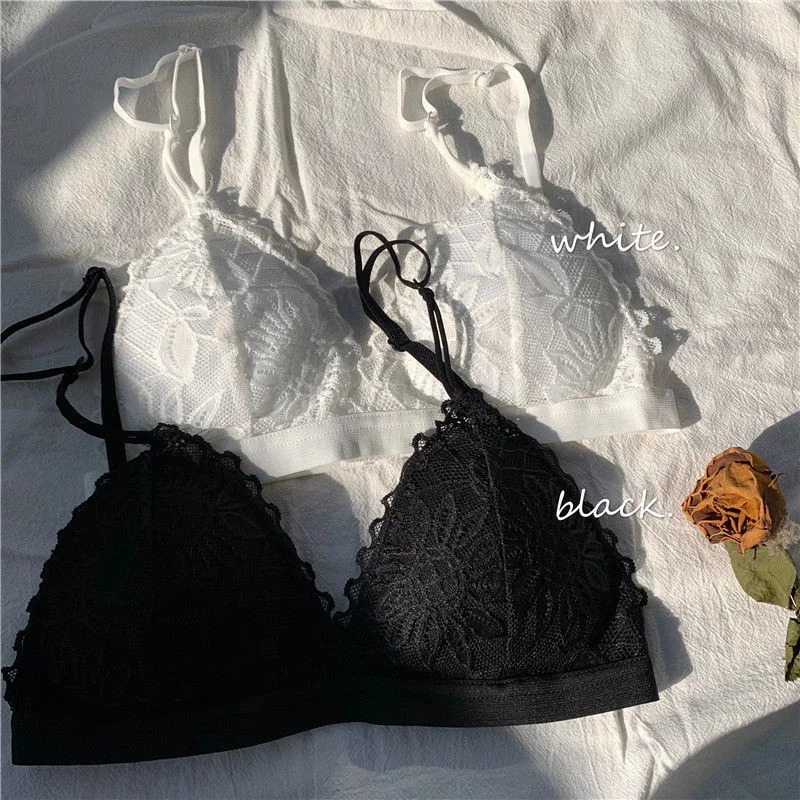프랑스어 레이스 삼각형 레이스 Bralette 강철 반지 없음 원활한 브래지어 섹시한 여성 얇은 패드 브래지어 여름 통기성 브래지어