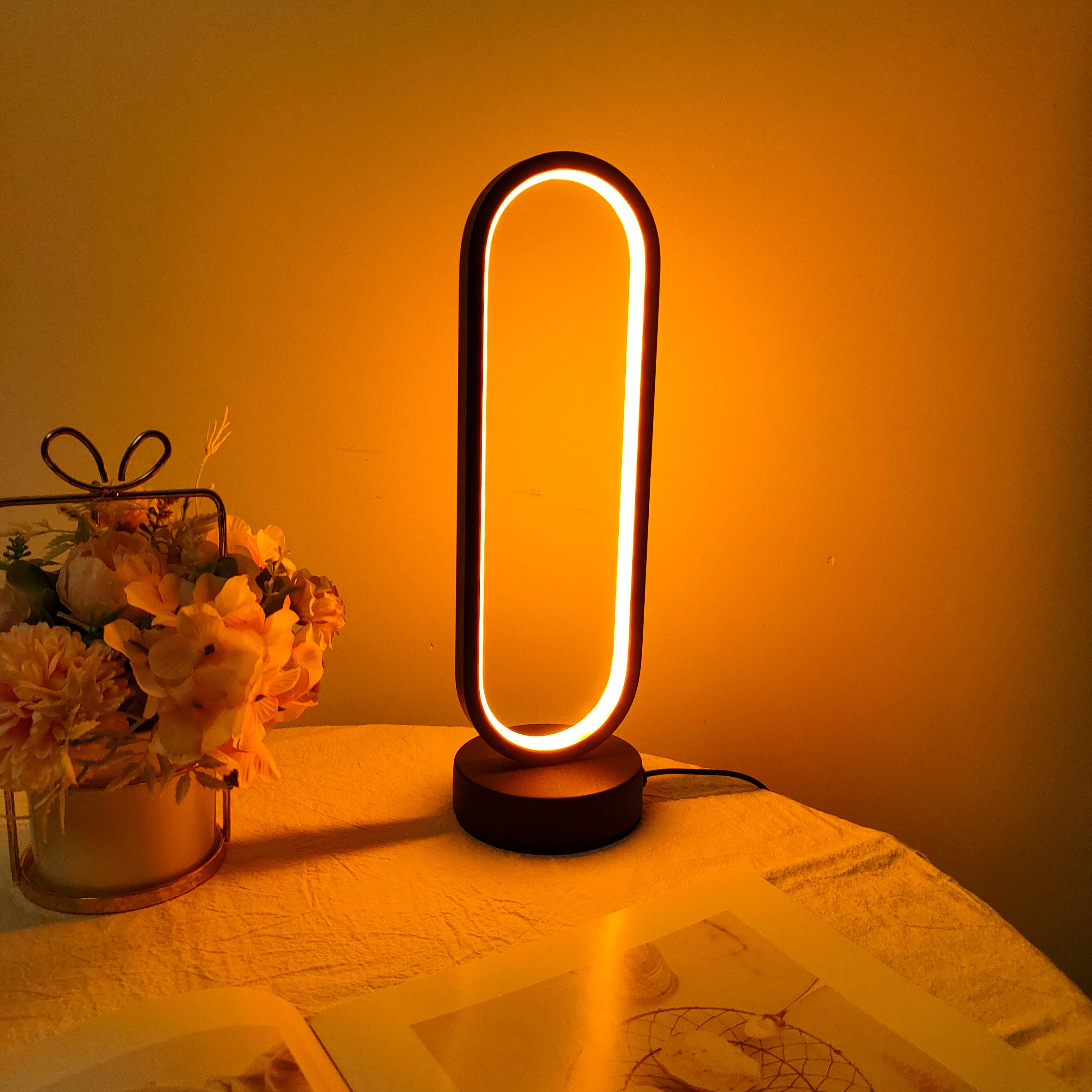 1PC 램프 침실 링 램프 거실 3 색 디밍 침대 옆 램프 LED 야간 조명