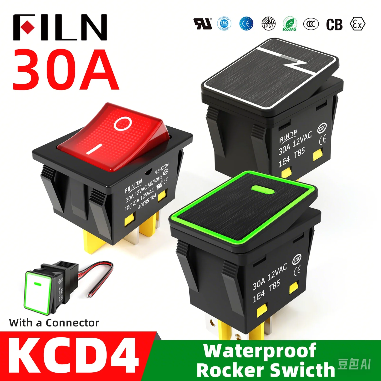 FILN 헤비 듀티 4 핀 DPST IP67 밀폐 방수 T85 자동 보트 마린 토글 로커 스위치, LED 포함, 30A, 250V, 12V, 220V, 30x22 title=FILN 헤비 듀티 4 핀 DPST IP67 밀폐 방수 T85 자동 보트 마린 토글 로커 스위치, LED 포함, 30A, 250V, 12V, 220V, 30x22 
