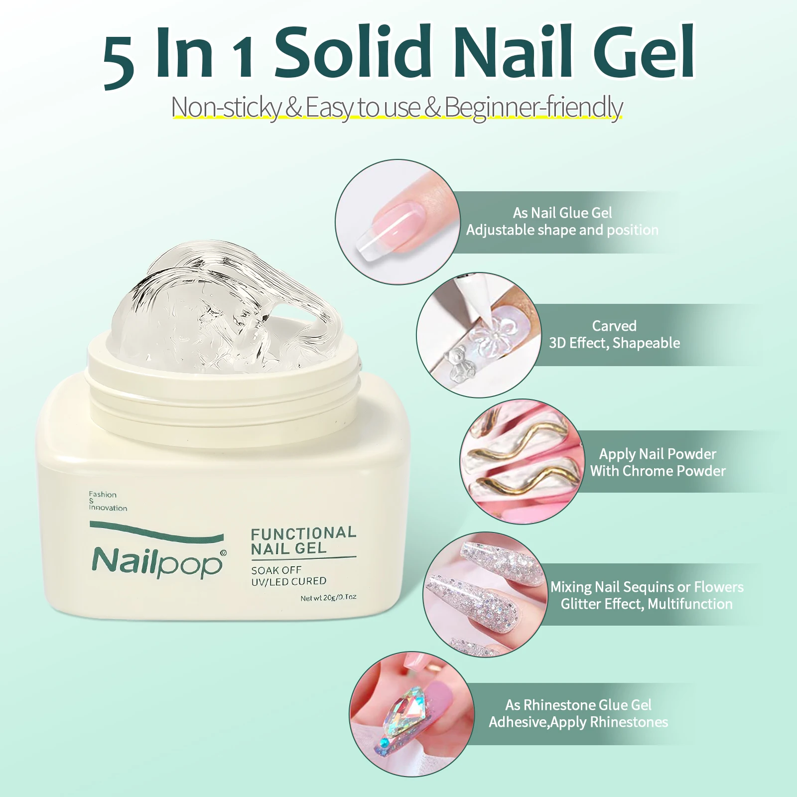 Nailpop 솔리드 네일 젤 접착제 손톱에 누르기 강력한 접착제 투명 젤 팁 접착제 UV 젤 오래 지속되는 손상 없음 20g (1/3pcs)
