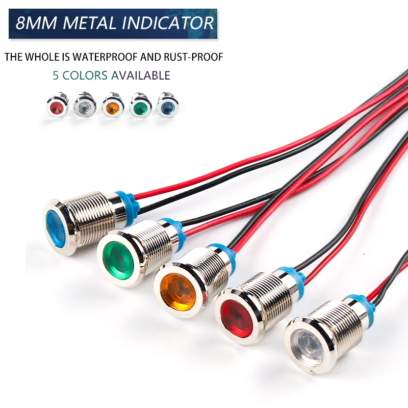 8mm LED 방수 금속 표시 등 신호 램프 와이어 3V 6V 12V 24V 110V 220V 빨간색/노란색/파란색/녹색/흰색 title=8mm LED 방수 금속 표시 등 신호 램프 와이어 3V 6V 12V 24V 110V 220V 빨간색/노란색/파란색/녹색/흰색 