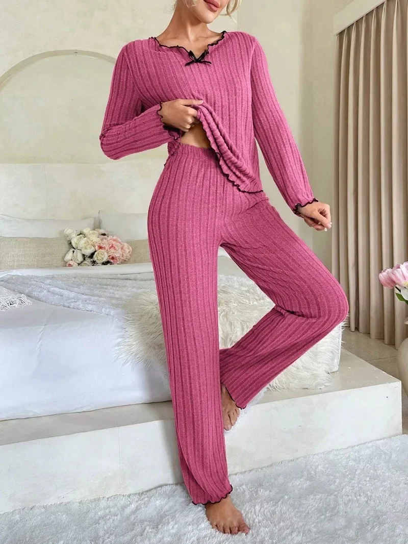 여성 가을 ​​겨울 잠옷 늑골이있는 잠옷 세트 긴 소매 탑과 긴 바지 2 조각 세트 캐주얼 Homewear Loungewear