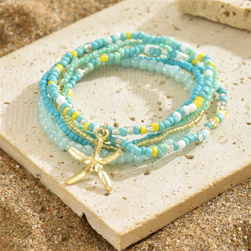 보헤미아 여성을위한 다층 쌀 구슬 구두 세트 패션 불가사리 펜던트 Anklets 다리 보석에 여름 샌디 비치 발목 체인